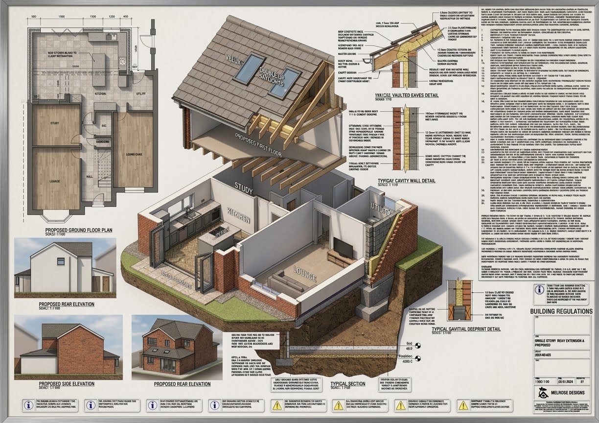 Architectural plans with 3D cutaway drawings for a house extension
